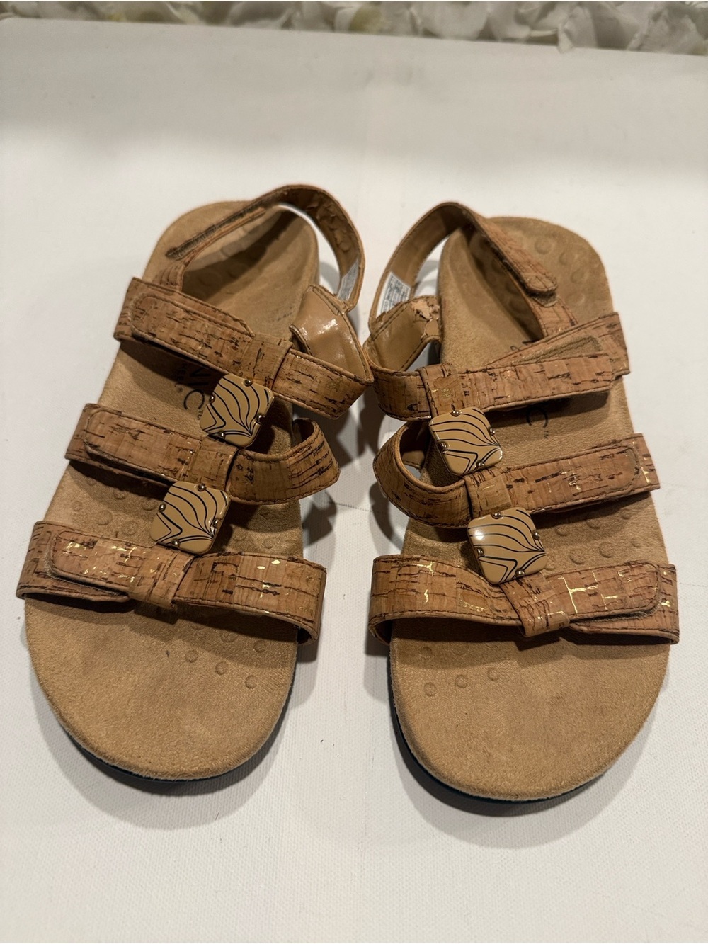 Vionic Tan Cork-Style Triple Strap Comfort Sandals